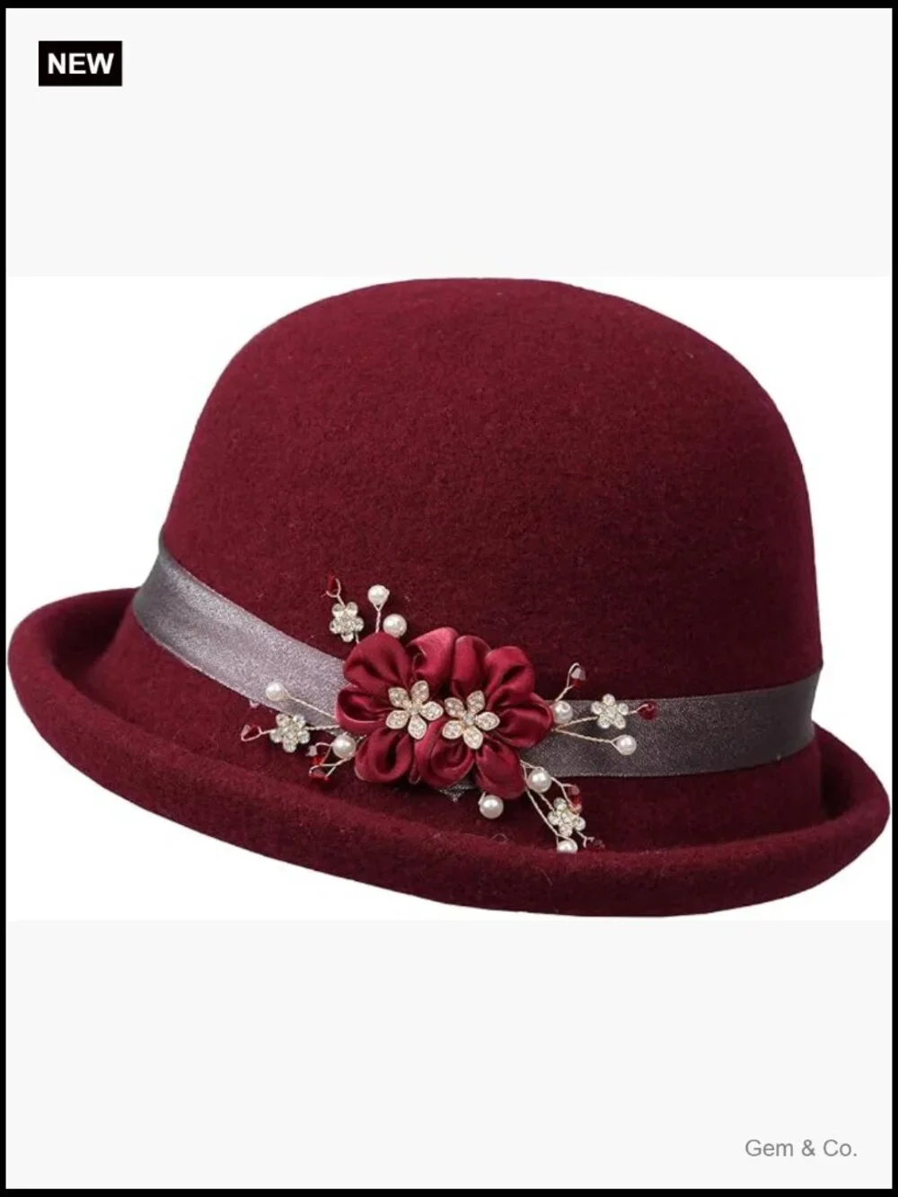 Wool Felt Bucket Hat with Handmade Floral Accents, Vintage Cloche Style